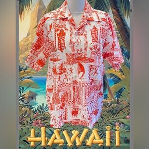 Vtg Tropicana Mens Hawaiian Aloha Shirt Size S Red Tiki Petroglyph Canoe Hawaii